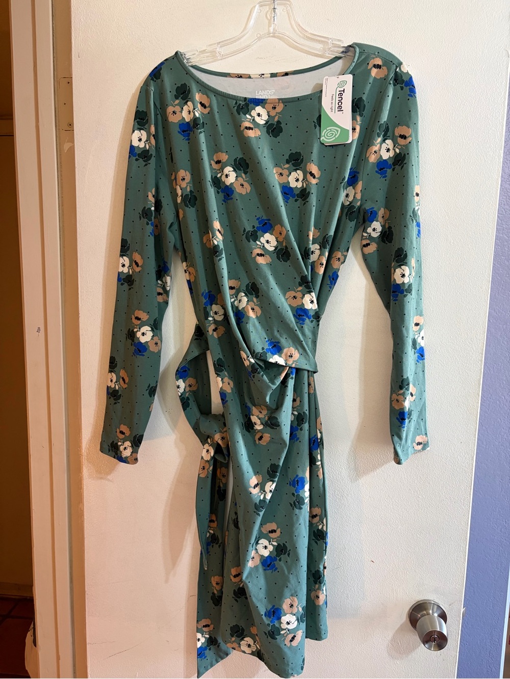Lands' End Sage Green Floral Tie-Waist Long Sleeve Dress NWT